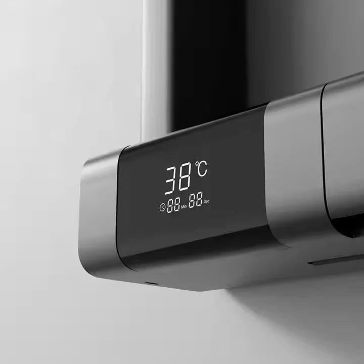 "Cabezal de ducha efecto lluvia con display digital, iluminación LED y grifo termostático de temperatura constante"
