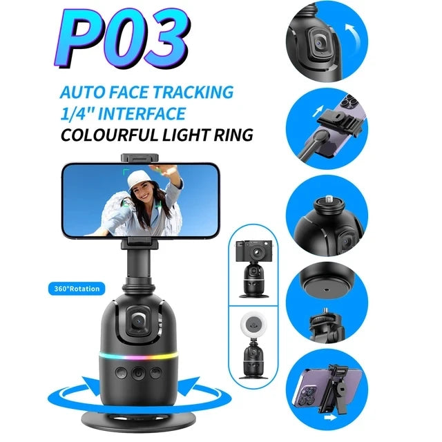 P03 – Soporte Gimbal 360° con Seguimiento Facial para Móvil.