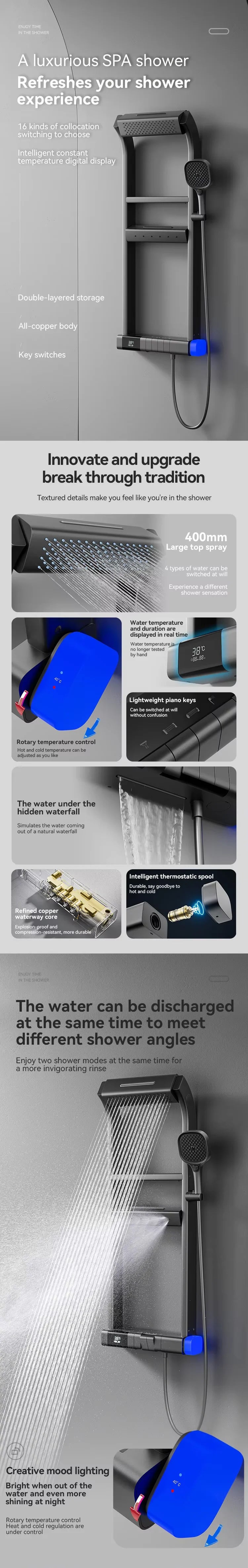 "Cabezal de ducha efecto lluvia con display digital, iluminación LED y grifo termostático de temperatura constante"