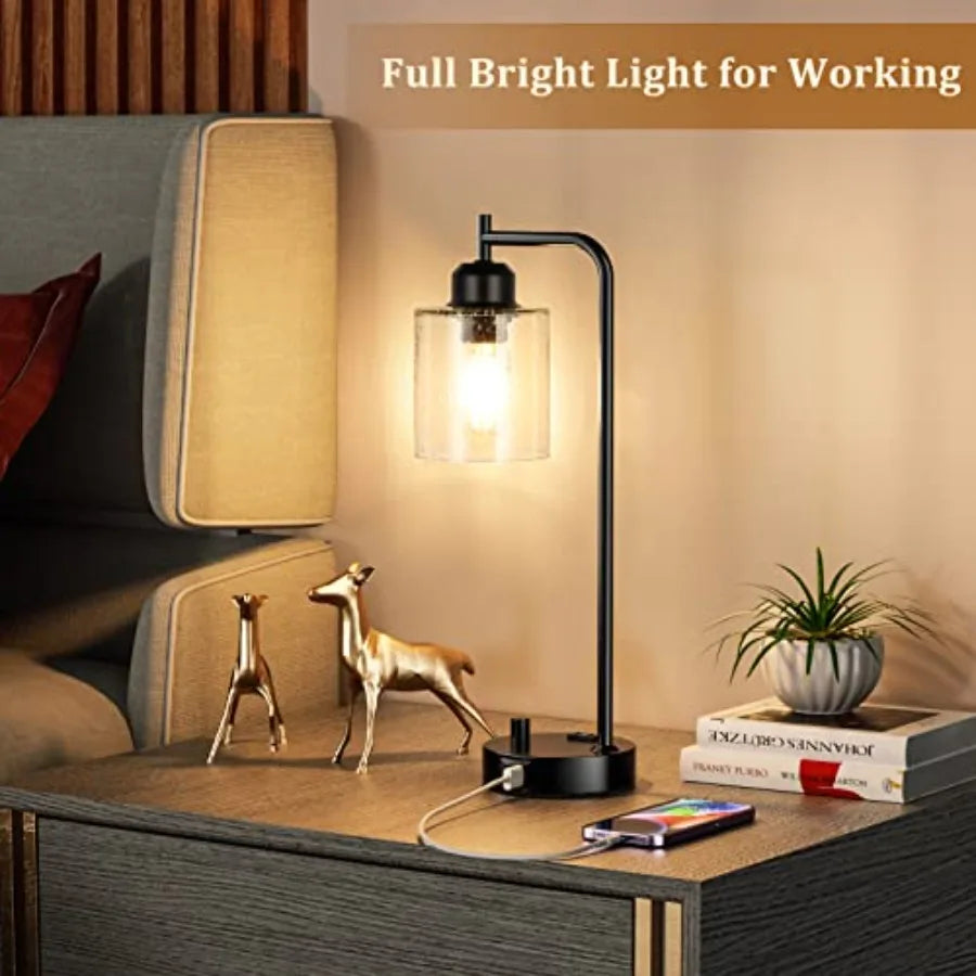Lámpara de Mesa Noche Estilo Industrial con Cargador USB-C, Luz Regulable para Dormitorio
