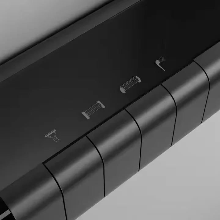 "Cabezal de ducha efecto lluvia con display digital, iluminación LED y grifo termostático de temperatura constante"