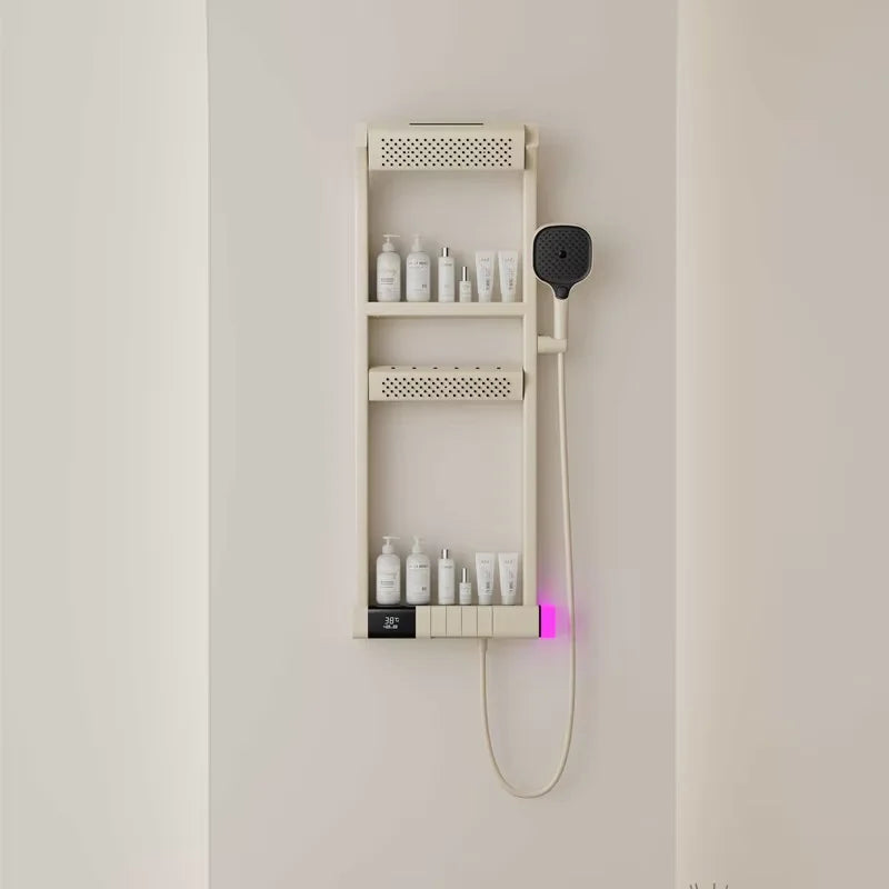 "Cabezal de ducha efecto lluvia con display digital, iluminación LED y grifo termostático de temperatura constante"