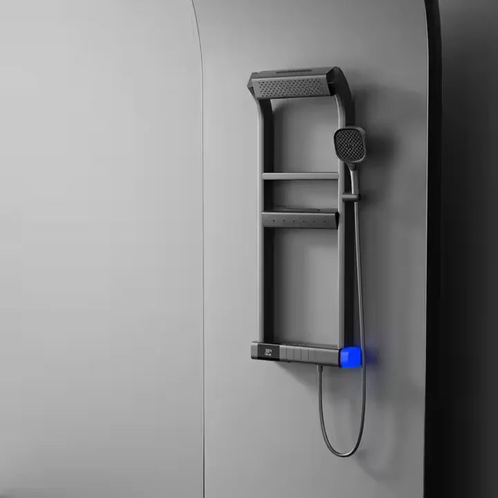 "Cabezal de ducha efecto lluvia con display digital, iluminación LED y grifo termostático de temperatura constante"