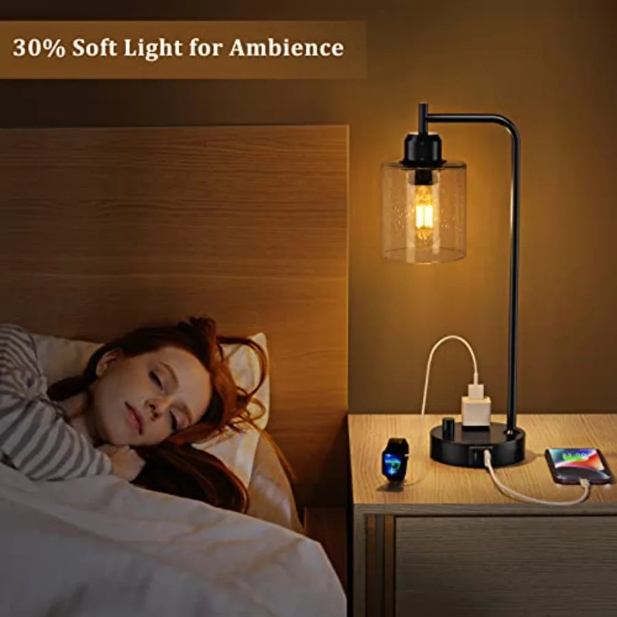 Lámpara de Mesa Noche Estilo Industrial con Cargador USB-C, Luz Regulable para Dormitorio