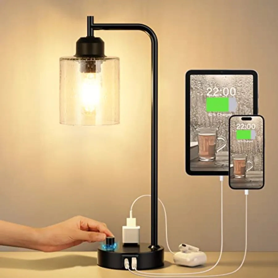 Lámpara de Mesa Noche Estilo Industrial con Cargador USB-C, Luz Regulable para Dormitorio