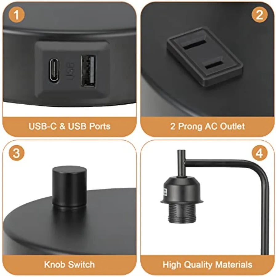 Lámpara de Mesa Noche Estilo Industrial con Cargador USB-C, Luz Regulable para Dormitorio