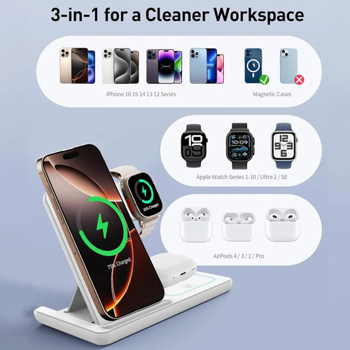 3 in 1 Foldable Night Light Wireless Charger Stand For iPhone 17 16 15 14 Apple Watch 2-11 SE Airpods Pro Fast Charging Station