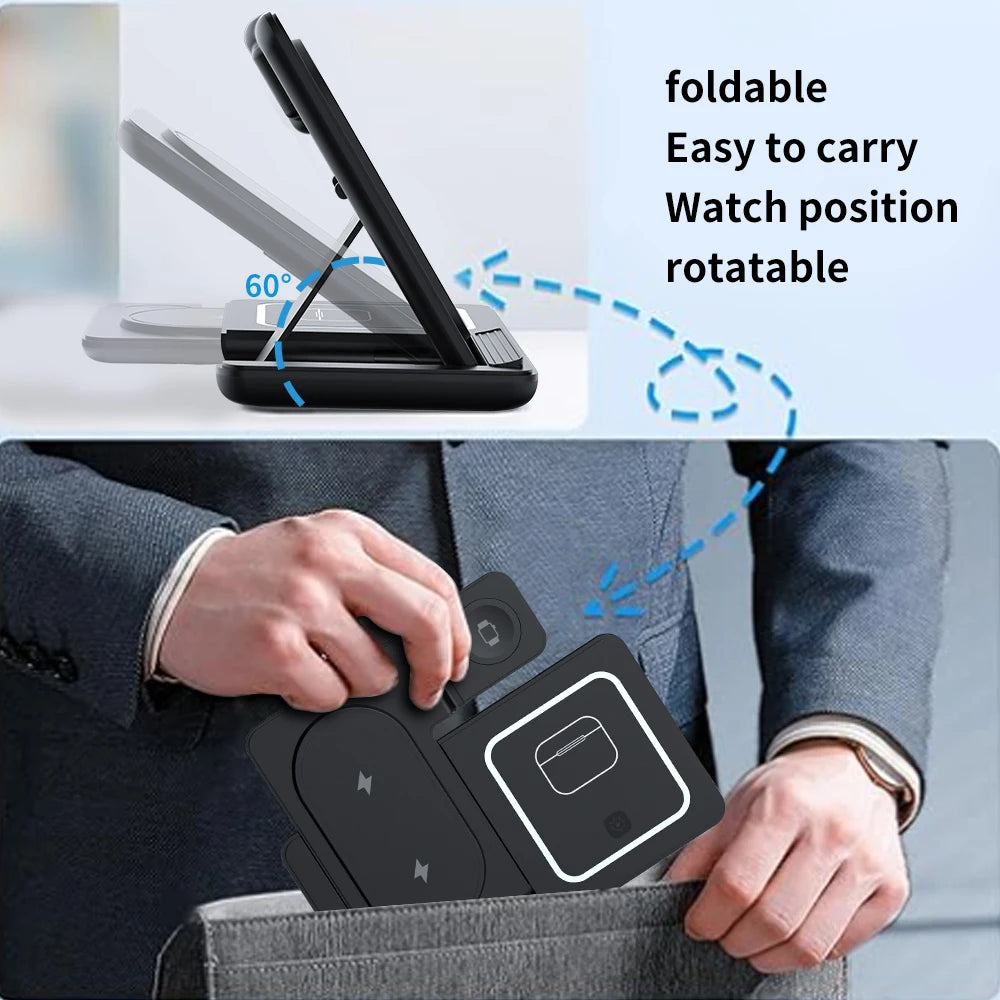 3 in 1 Foldable Night Light Wireless Charger Stand For iPhone 17 16 15 14 Apple Watch 2-11 SE Airpods Pro Fast Charging Station