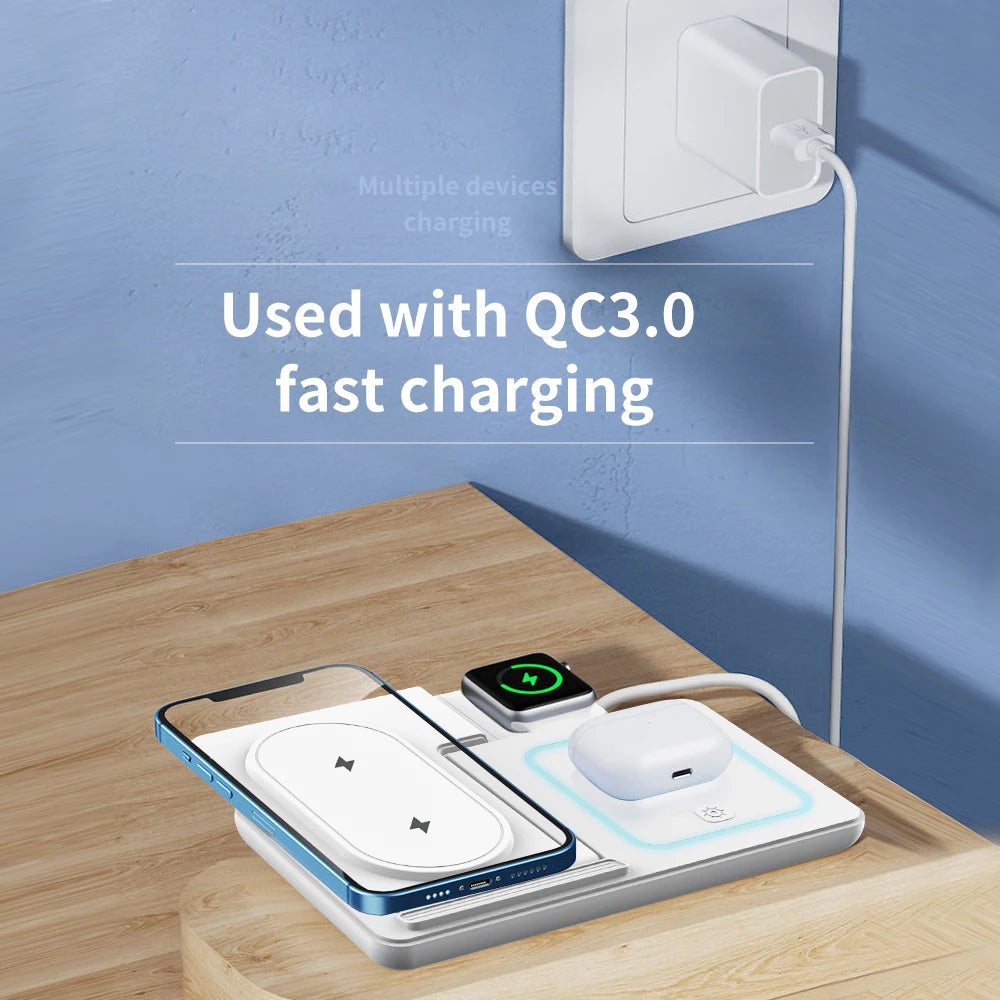 3 in 1 Foldable Night Light Wireless Charger Stand For iPhone 17 16 15 14 Apple Watch 2-11 SE Airpods Pro Fast Charging Station