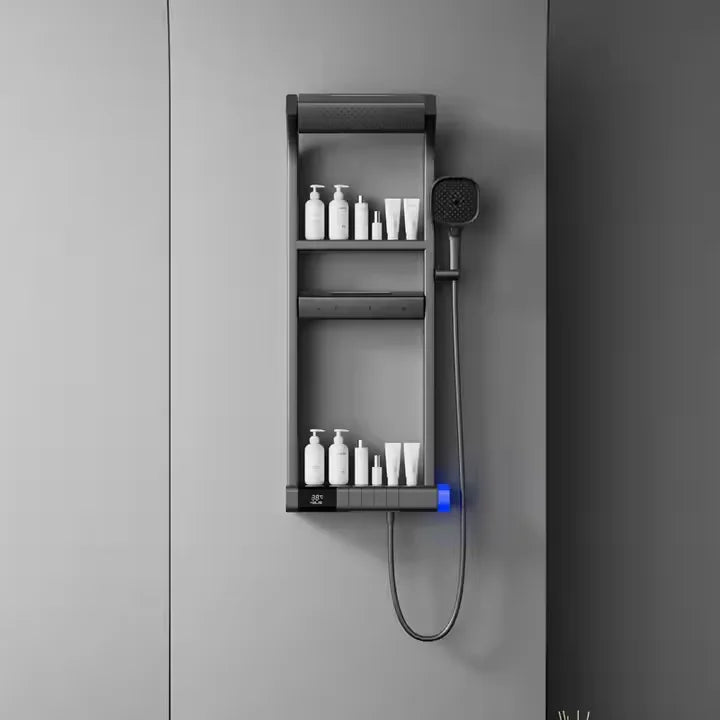 "Cabezal de ducha efecto lluvia con display digital, iluminación LED y grifo termostático de temperatura constante"