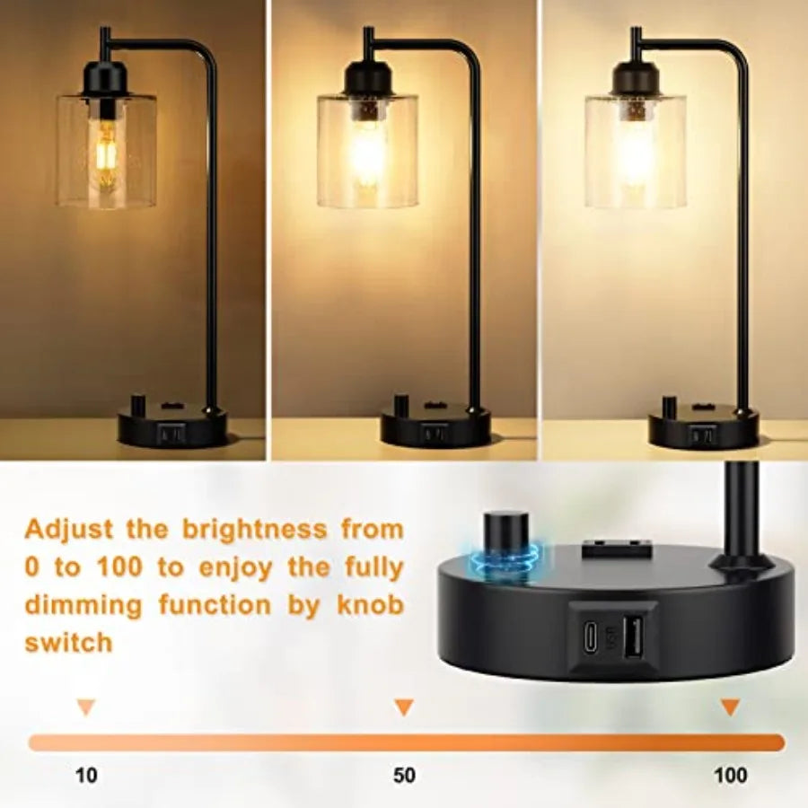 Lámpara de Mesa Noche Estilo Industrial con Cargador USB-C, Luz Regulable para Dormitorio